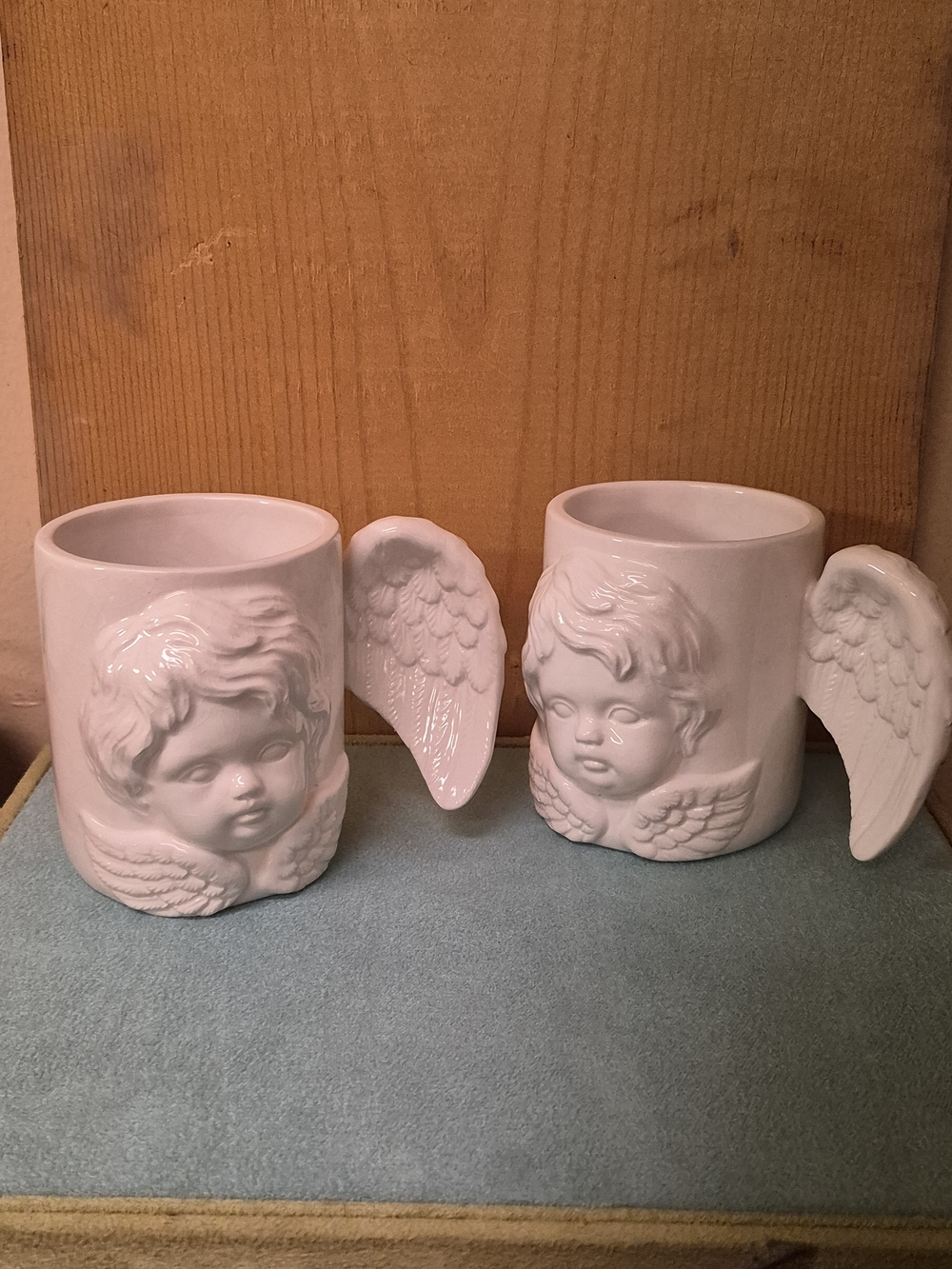 Vintage Linens n Things White Ceramic Cherub Angel Wing Mugs Set of 2